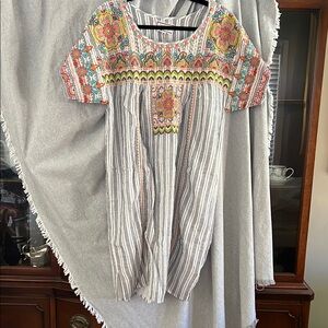 Johnny Was Navy and White Striped Top dress beautiful embroidered 95% cotton NWT